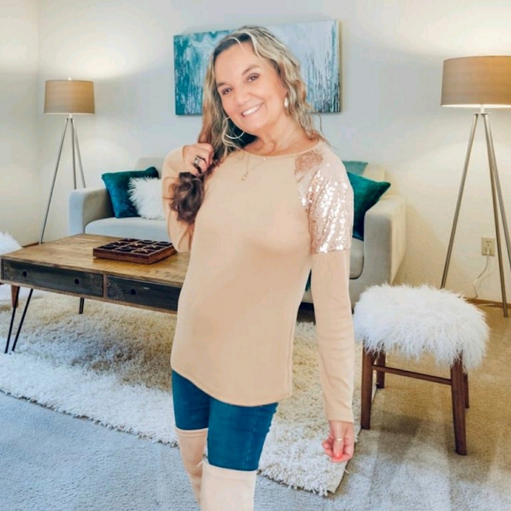 S M L,XL Tan Sequin Long Sleeves